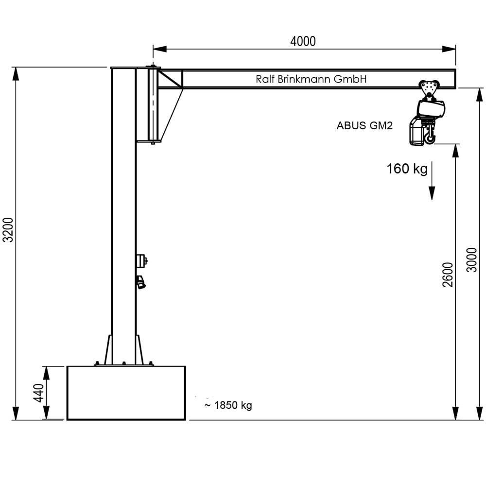 Produktabbildung Nr. 2: Brinkmann mobiler Säulenschwenkkran mit Stahl Ausleger, ABUS Kettenzug, Tragfähigkeit 160 kg, Ausladung 4 m