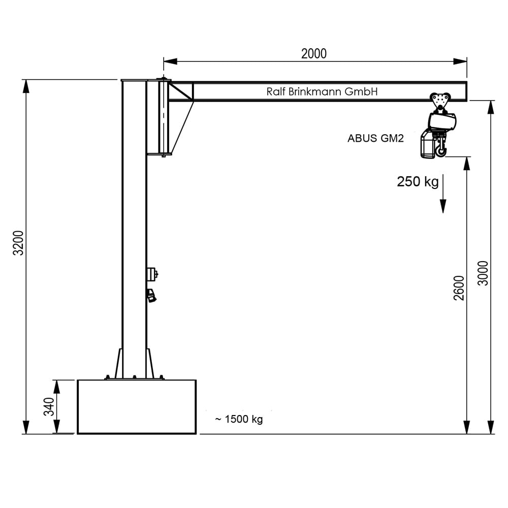 Produktabbildung Nr. 3: Brinkmann mobiler Säulenschwenkkran mit Aluminium Ausleger, ABUS Kettenzug, Tragfähigkeit 250 kg, Ausladung 2 m
