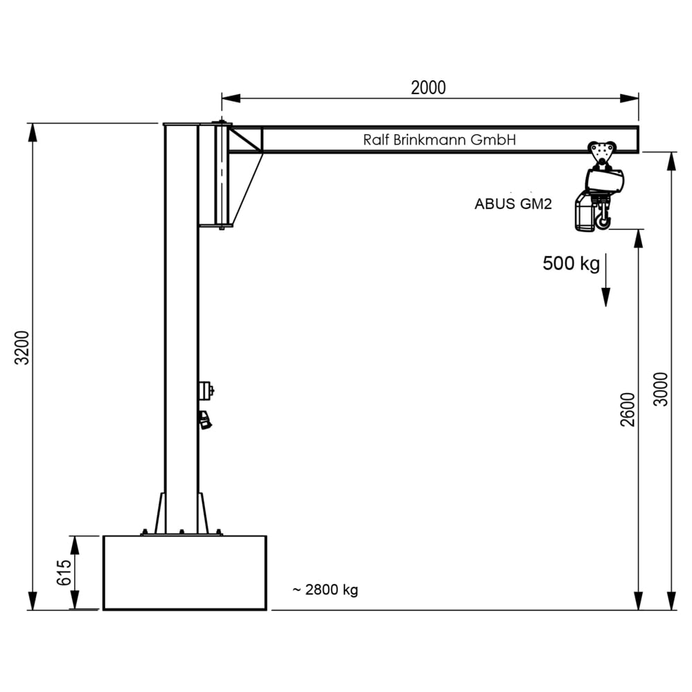 Produktabbildung Nr. 2: Brinkmann mobiler Säulenschwenkkran mit Stahl Ausleger, ABUS Kettenzug, Tragfähigkeit 500 kg, Ausladung 2 m