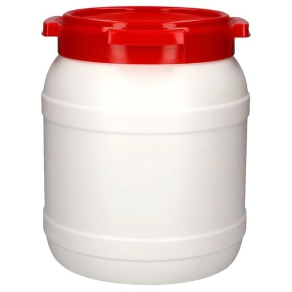 Produktabbildung: Denios Weithals-Fass aus Polyethylen (PE), weiß-rot, WH 15, 15 l Volumen