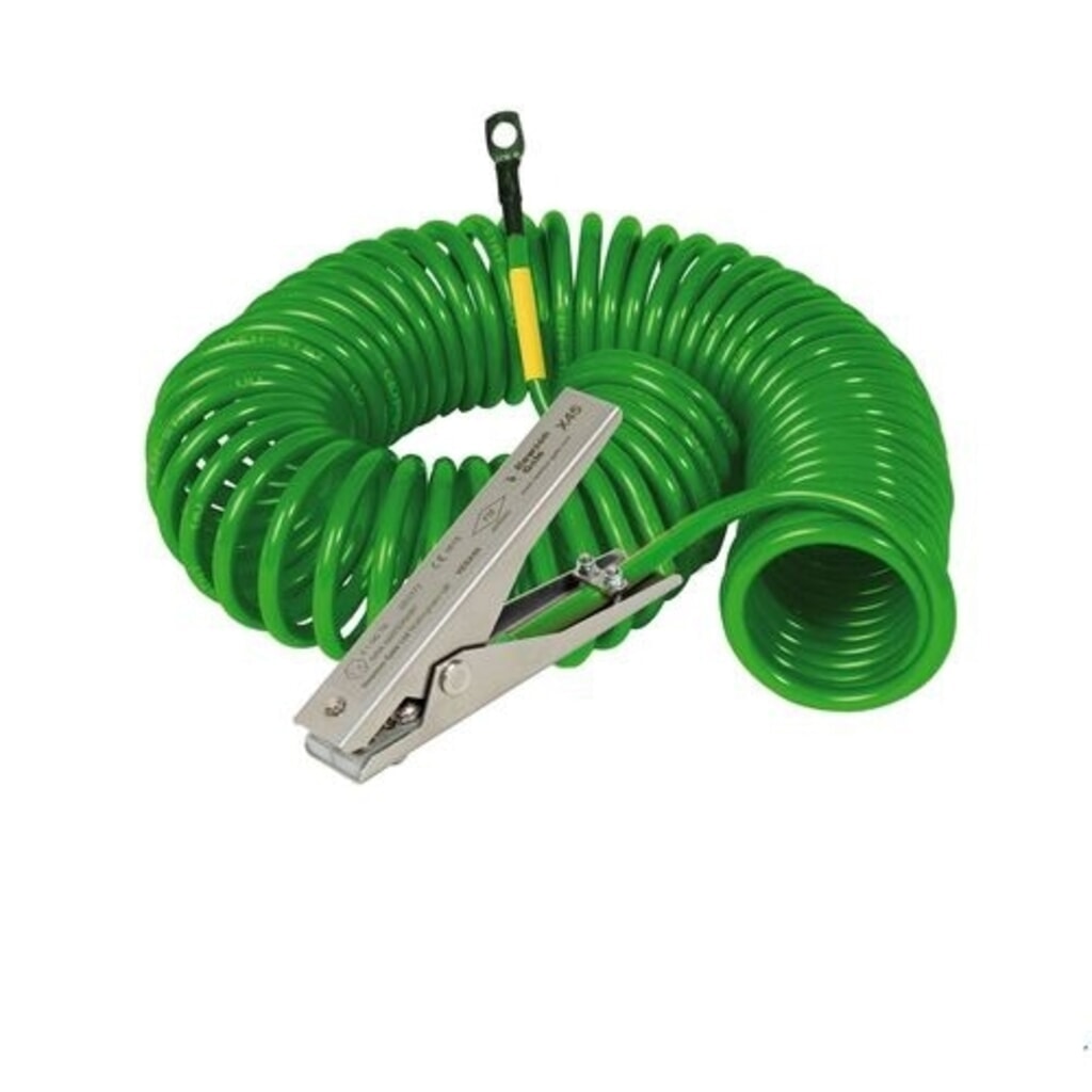 Produktabbildung: Denios Spiral-Erdungskabel, 1 Edelstahl-Erdungszange MD 120 mm, 3 m Auszugslänge, ATEX