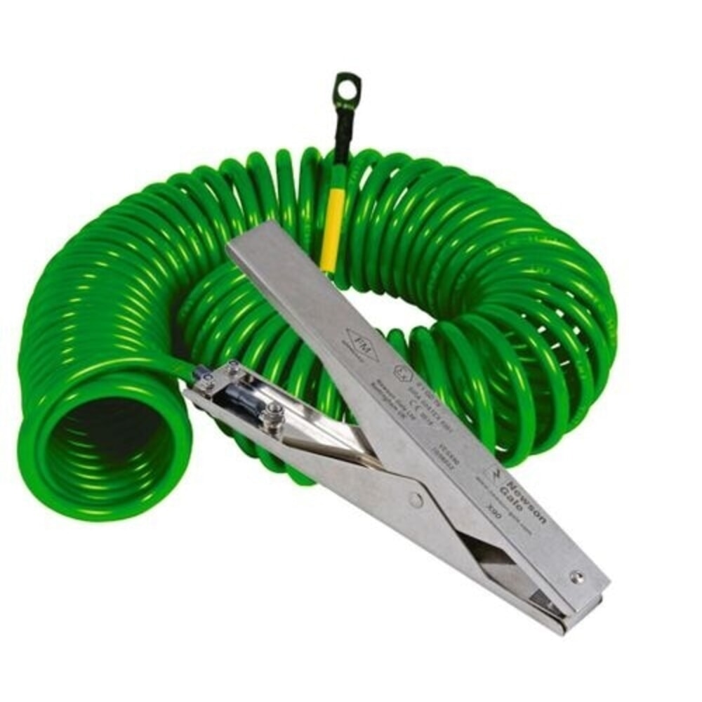 Produktabbildung: Denios Spiral-Erdungskabel, 1 Edelstahl-Erdungszange HD 235 mm, 5 m Auszugslänge, ATEX