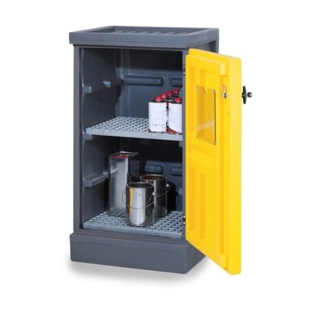 Denios Chemikalienschrank aus PE, HxBxT 1.130 x 610 x 640 mm, 2 Gitterroste, verzinkt Produktabbildung: Denios Chemikalienschrank aus PE, HxBxT 1.130 x 610 x 640 mm, 2 Gitterroste, verzinkt