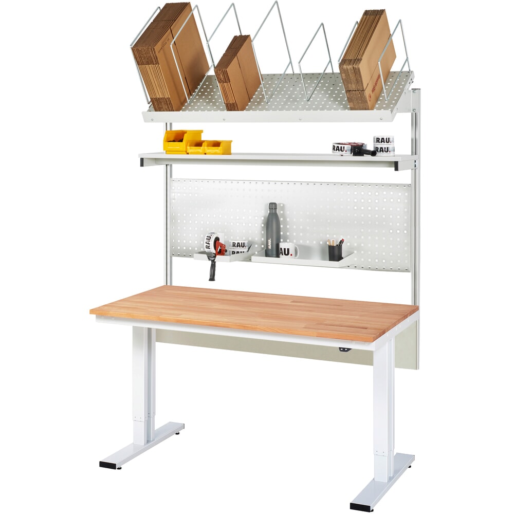 Produktabbildung Nr. 6: RAU Elektrisch höhenverstellbares Packtisch-Set adlatus 300, Aufbau mit Kartonmagazin und Lochplatte, HxBxT 1850-2250 mm x 1500 mm x 800 mm