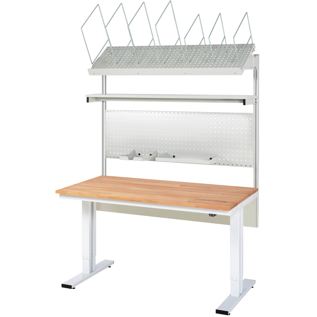RAU Elektrisch höhenverstellbares Packtisch-Set adlatus 300, Aufbau mit Kartonmagazin und Lochplatte, HxBxT 1850-2250 mm x 1500 mm x 800 mm Produktabbildung: RAU Elektrisch höhenverstellbares Packtisch-Set adlatus 300, Aufbau mit Kartonmagazin und Lochplatte, HxBxT 1850-2250 mm x 1500 mm x 800 mm