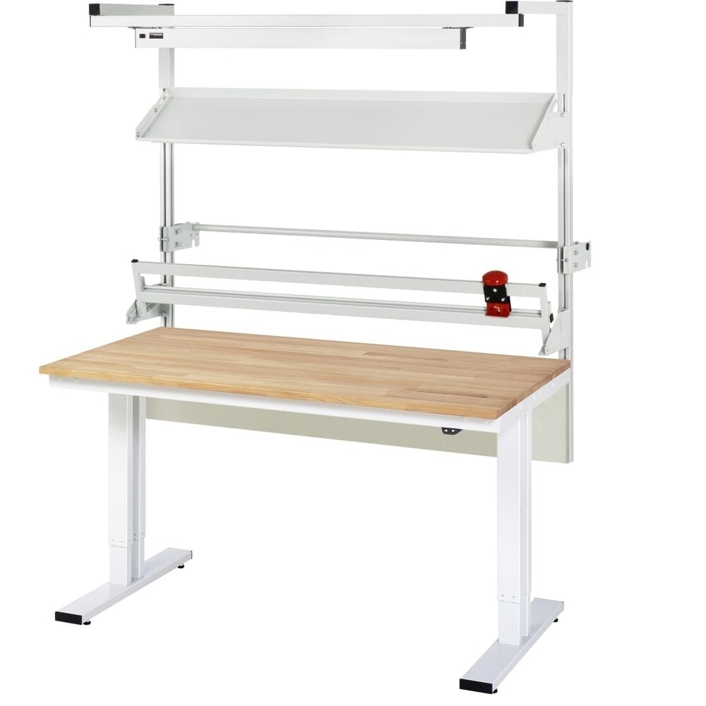 Produktabbildung: RAU Elektrisch höhenverstellbares Packtisch-Set adlatus 300, Aufbau mit LED-Beleuchtung und Schneidegerät, HxBxT 1850-2250 mm x 1500 mm x 800 mm