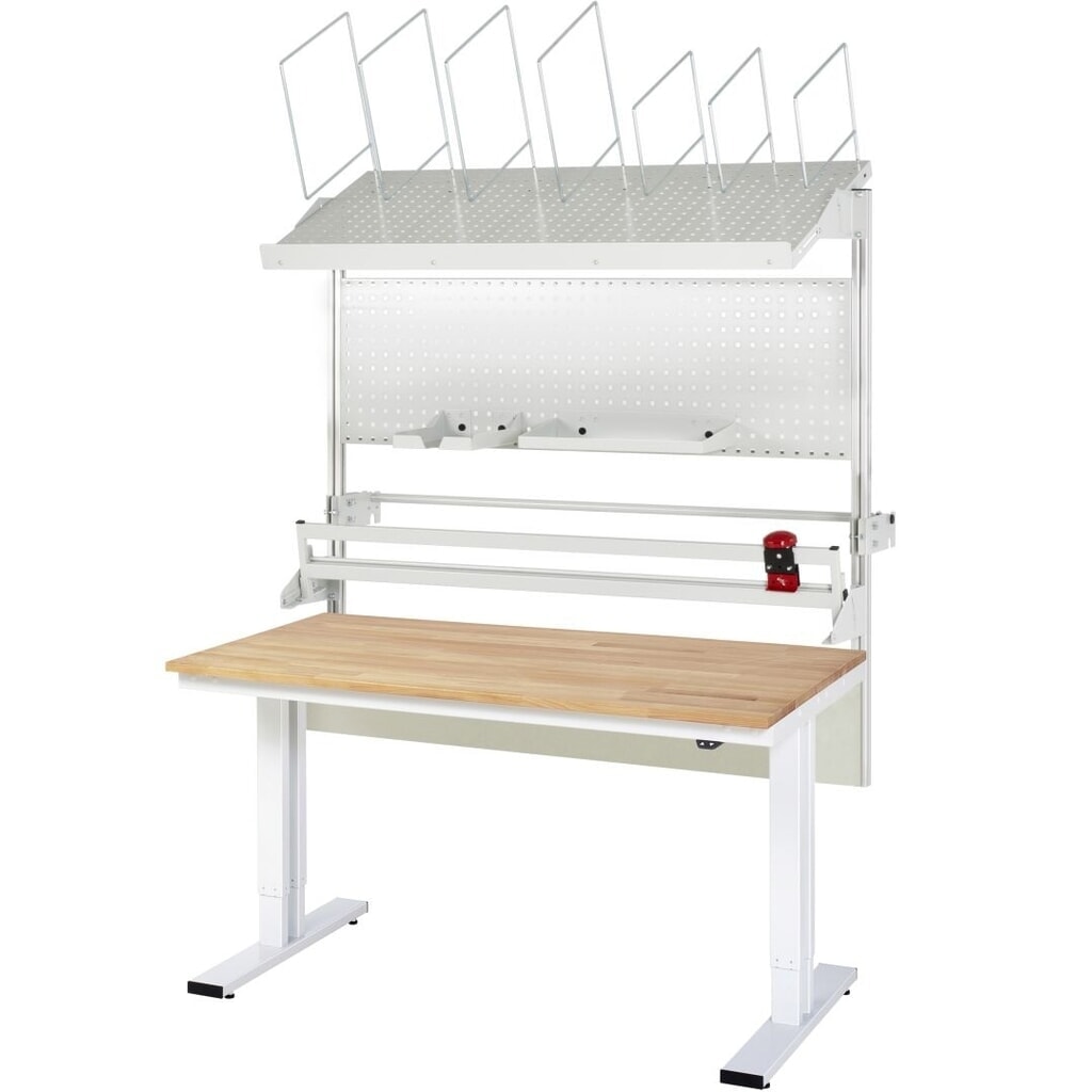 Produktabbildung: RAU Elektrisch höhenverstellbares Packtisch-Set adlatus 300, Aufbau mit Kartonmagazin, Lochplatte und Schneidegerät, HxBxT 1850-2250 mm x 1500 mm x 800 mm