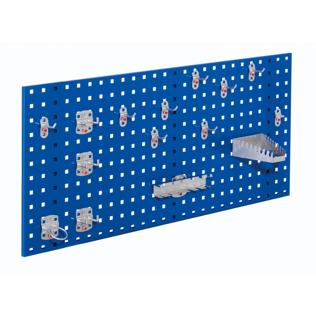 Kappes RasterPlan Lochplatten-Einsteigerset, mit Werkzeughaltersortiment, HxBxT 450 mm x 1000 mm x 150 mm, 15-teilig, enzianblau Produktabbildung: Kappes RasterPlan Lochplatten-Einsteigerset, mit Werkzeughaltersortiment, HxBxT 450 mm x 1000 mm x 150 mm, 15-teilig, enzianblau