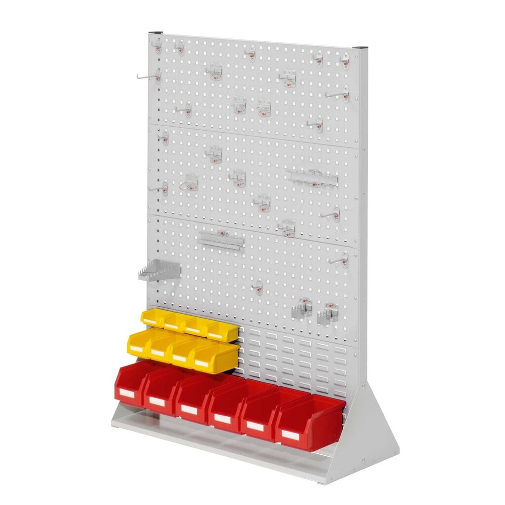 Kappes RasterPlan Lochplatten-Wand, doppelseitig, Werkzeughaltersortiment 28-teilig, HxBxT 1450 x 1000 x 430 mm, lichtgrau Produktabbildung: Kappes RasterPlan Lochplatten-Wand, doppelseitig, Werkzeughaltersortiment 28-teilig, HxBxT 1450 x 1000 x 430 mm, lichtgrau