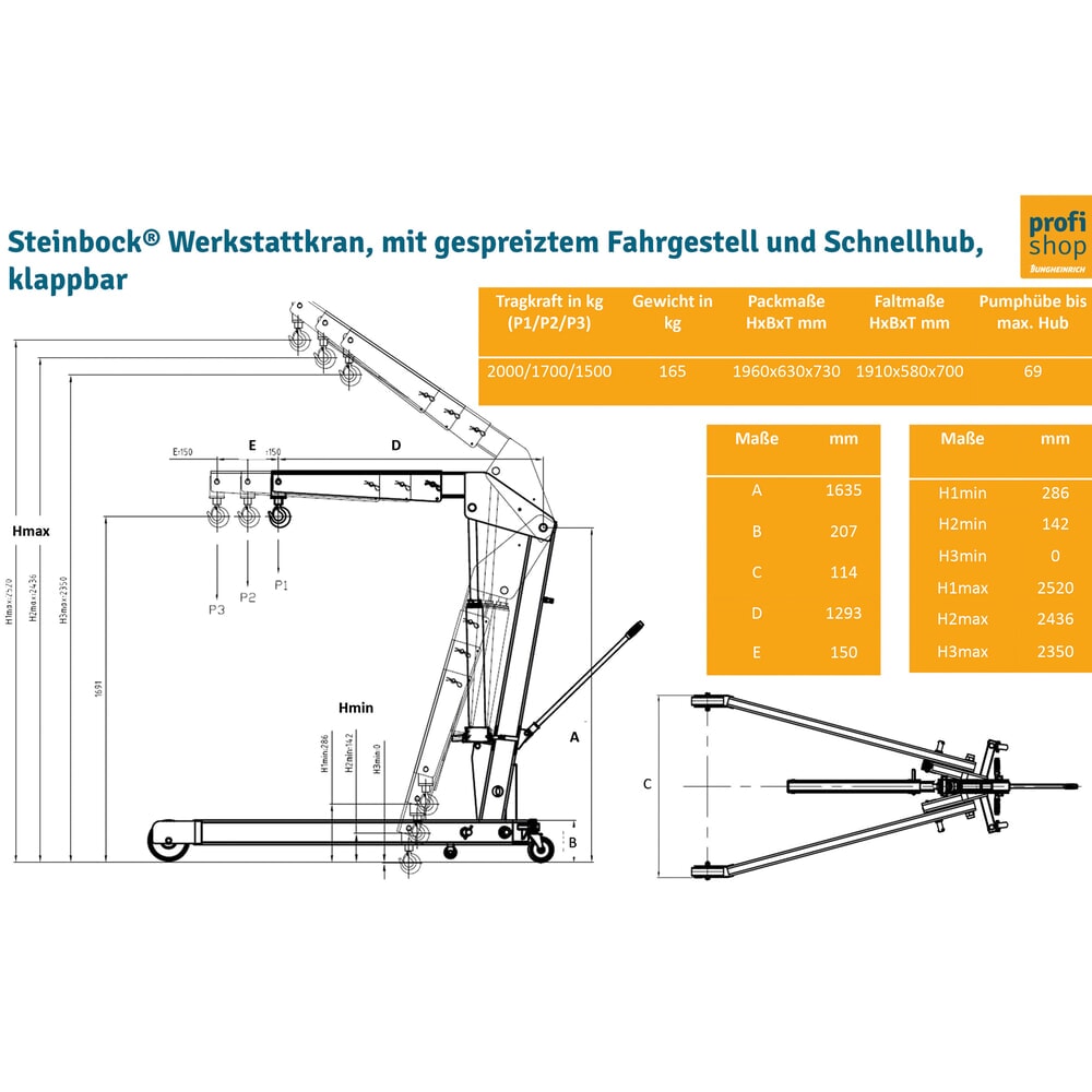Produktabbildung Nr. 5: Steinbock® Werkstattkran, mit gespreiztem Fahrgestell und Schnellhub, klappbar, TK 1.500-2.000 kg