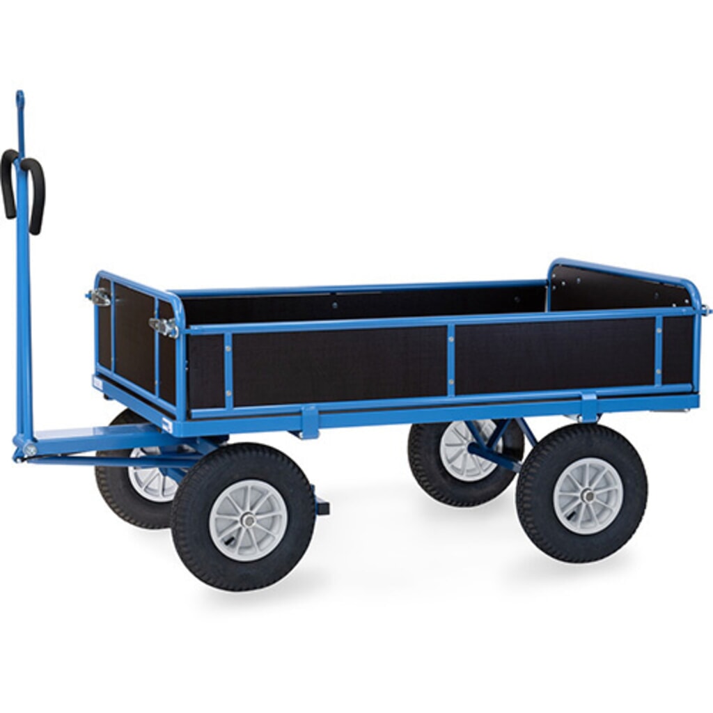 fetra® Handpritschenwagen mit Luft-Bereifung, Zugöse und 3 abklappbaren Wänden, HxBxL 1.200 x 925 x 1.960 mm, Tragkraft 1.000 kg Produktabbildung: fetra® Handpritschenwagen mit Luft-Bereifung, Zugöse und 3 abklappbaren Wänden, HxBxL 1.200 x 925 x 1.960 mm, Tragkraft 1.000 kg