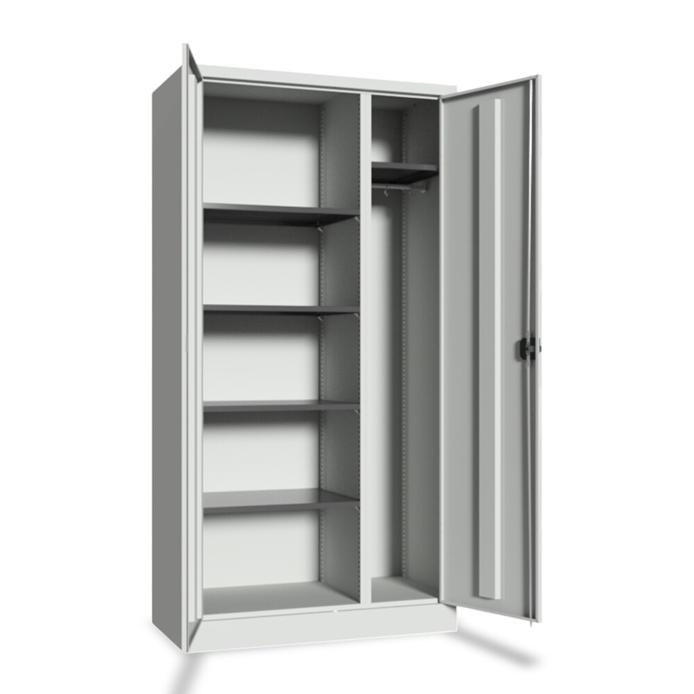 Produktabbildung Nr. 1: PAVOY Putzmittelschrank mit Trennwand, verzinkten Fachböden und Kleiderstange, HxBxT 1950 x 1000 x 400 mm, lichtgrau/lichtgrau