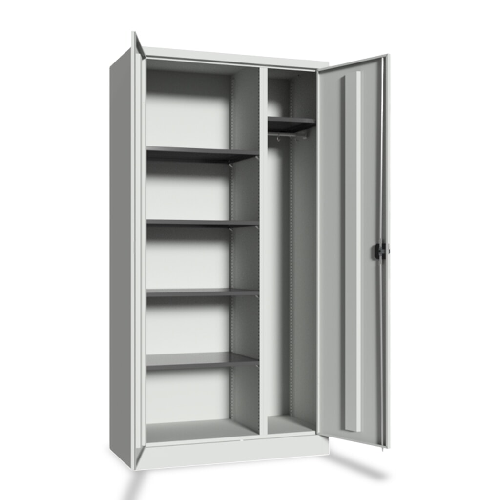 PAVOY Putzmittelschrank mit Trennwand, verzinkten Fachböden und Kleiderstange, HxBxT 1950 x 1000 x 400 mm, lichtgrau/lichtgrau Produktabbildung Nr. 1: PAVOY Putzmittelschrank mit Trennwand, verzinkten Fachböden und Kleiderstange, HxBxT 1950 x 1000 x 400 mm, lichtgrau/lichtgrau