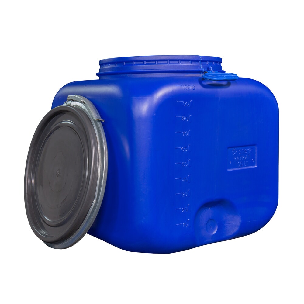 Produktabbildung: HEMMDAL Spannringfass mit Deckel, quadratisch, lebensmittelecht, blau, 100 Liter