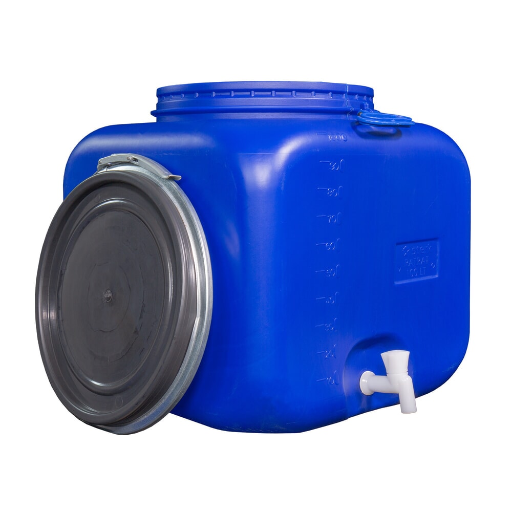 Produktabbildung: HEMMDAL Spannringfass mit Deckel und Hahn, quadratisch, lebensmittelecht, blau, 100 Liter