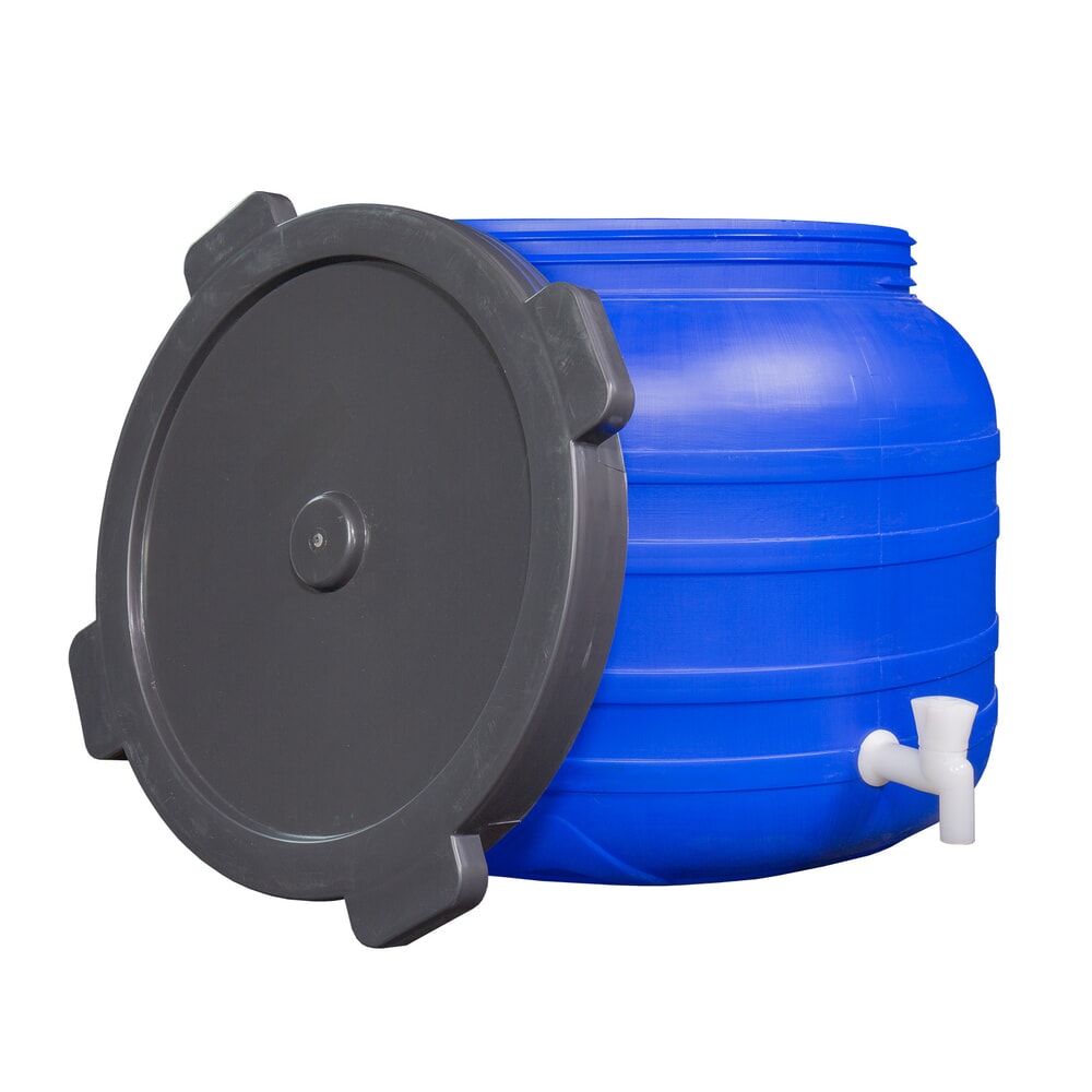 Produktabbildung: HEMMDAL Kunststofffass mit Deckel und Hahn, rund, lebensmittelecht, blau, 100 Liter