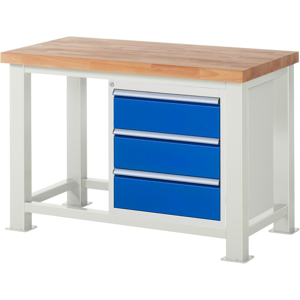 Produktabbildung: RAU Schwerlastwerkbank, mit massiver Buchen-Arbeitsplatte, Tragfähigkeit 2500 kg, mit 3 Schubladen, HxBxT 850 mm x 1250 mm x 700 mm
