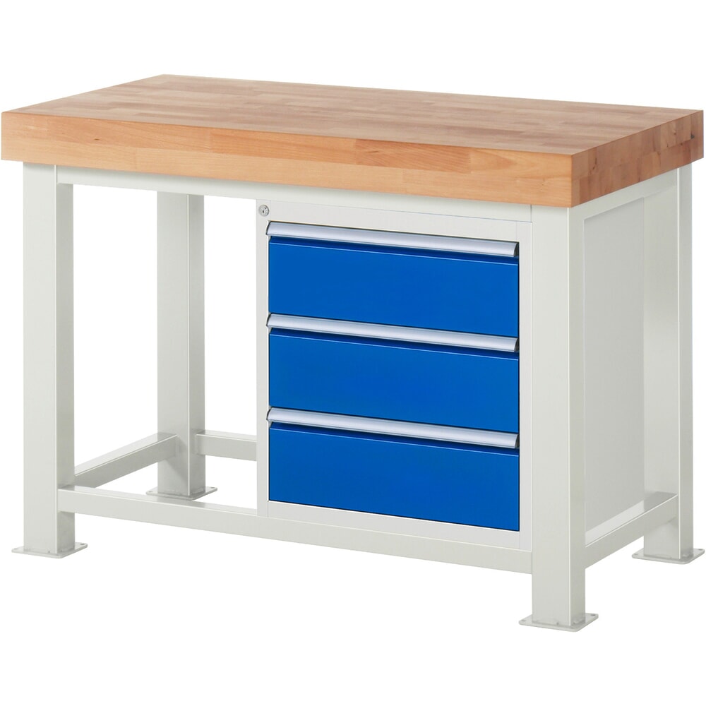 Produktabbildung: RAU Schwerlastwerkbank, mit massiver Buchen-Arbeitsplatte, Tragfähigkeit 4500 kg, mit 3 Schubladen, HxBxT 900 mm x 1250 mm x 700 mm