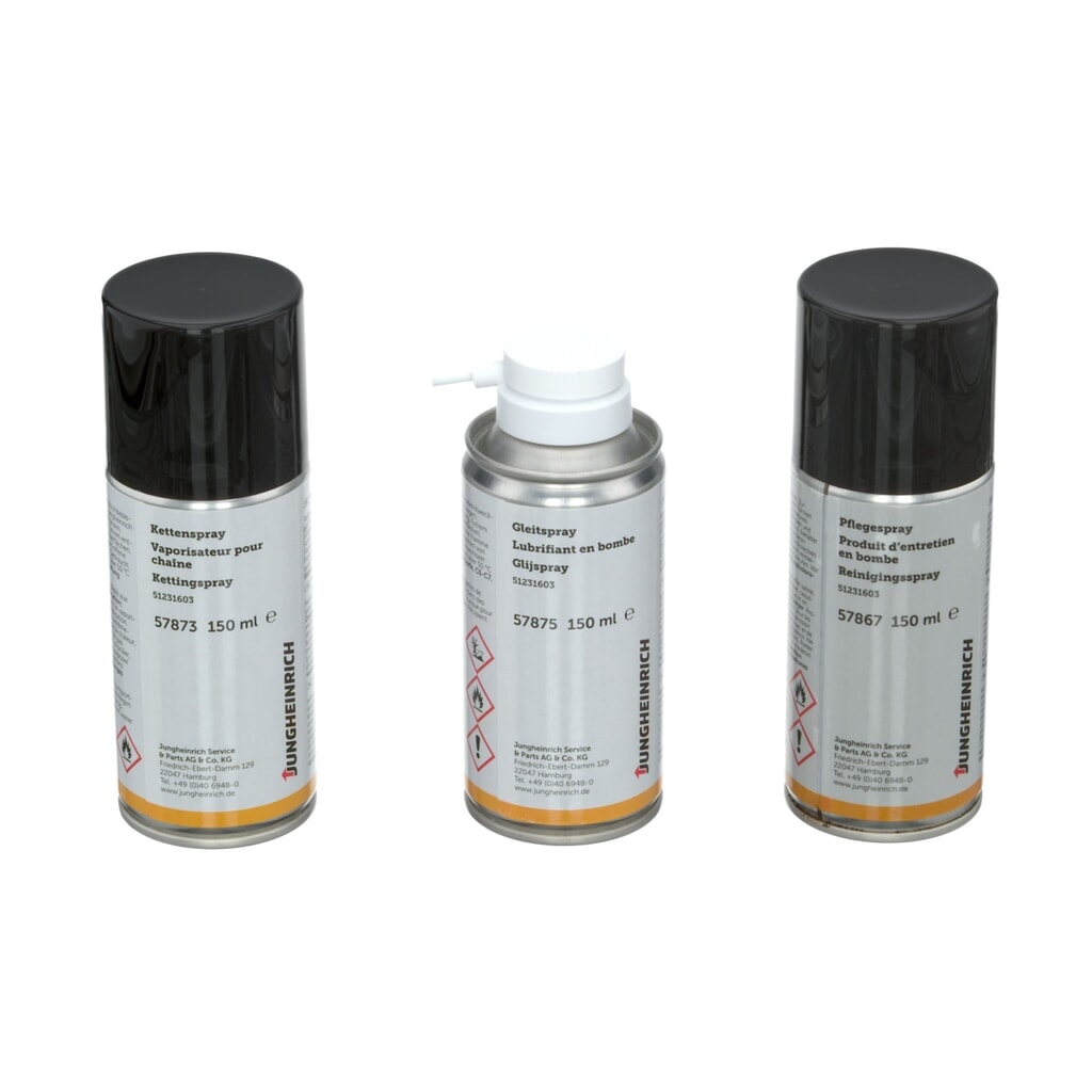 Jungheinrich Pflege-Set, 3-teilig inklusive Kettenspray, Schmiermittel und Kunststoffpflege Produktabbildung: Jungheinrich Pflege-Set, 3-teilig inklusive Kettenspray, Schmiermittel und Kunststoffpflege