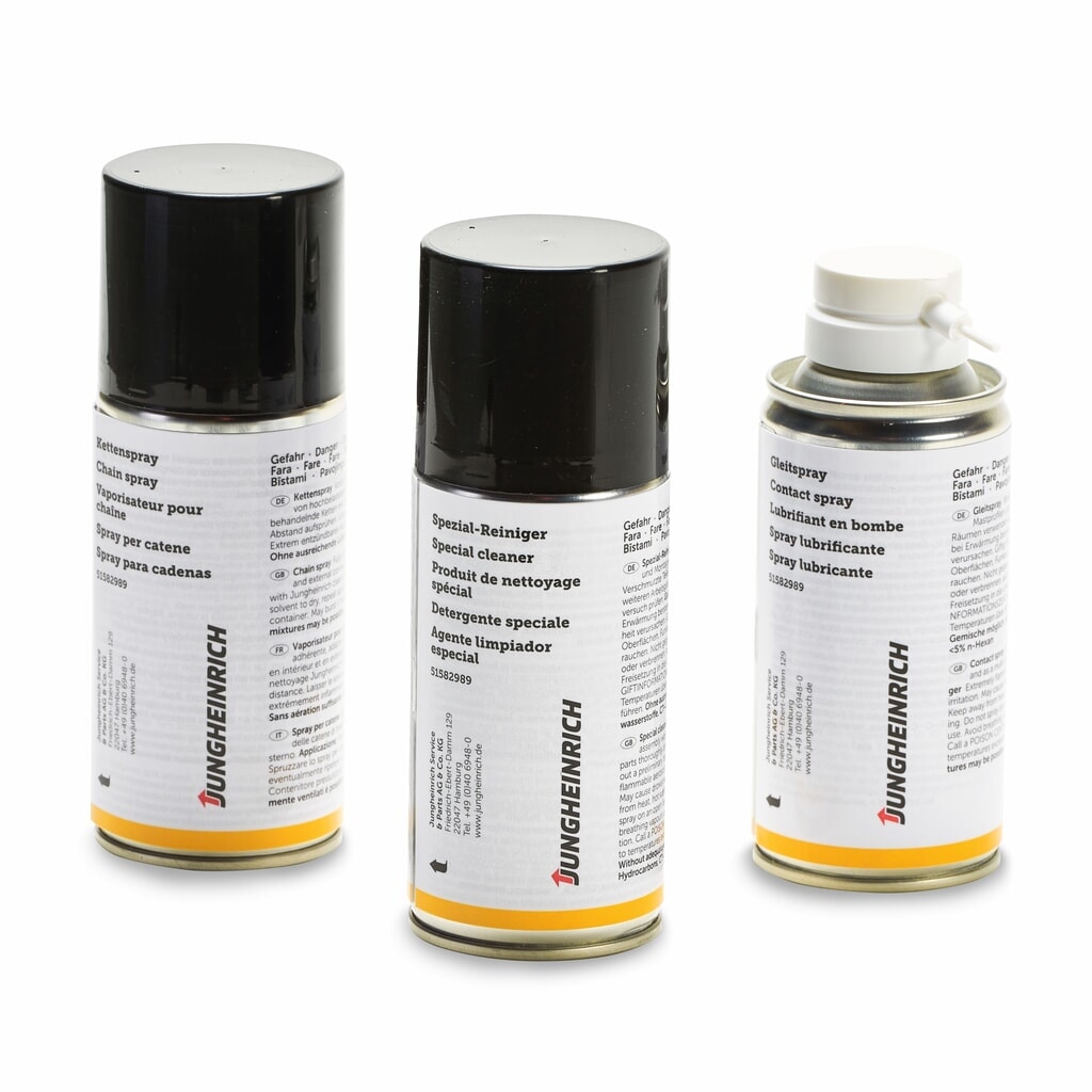 Jungheinrich Pflege-Set, 3-teilig inklusive Kettenspray, Schmiermittel und Spezialreiniger Produktabbildung: Jungheinrich Pflege-Set, 3-teilig inklusive Kettenspray, Schmiermittel und Spezialreiniger