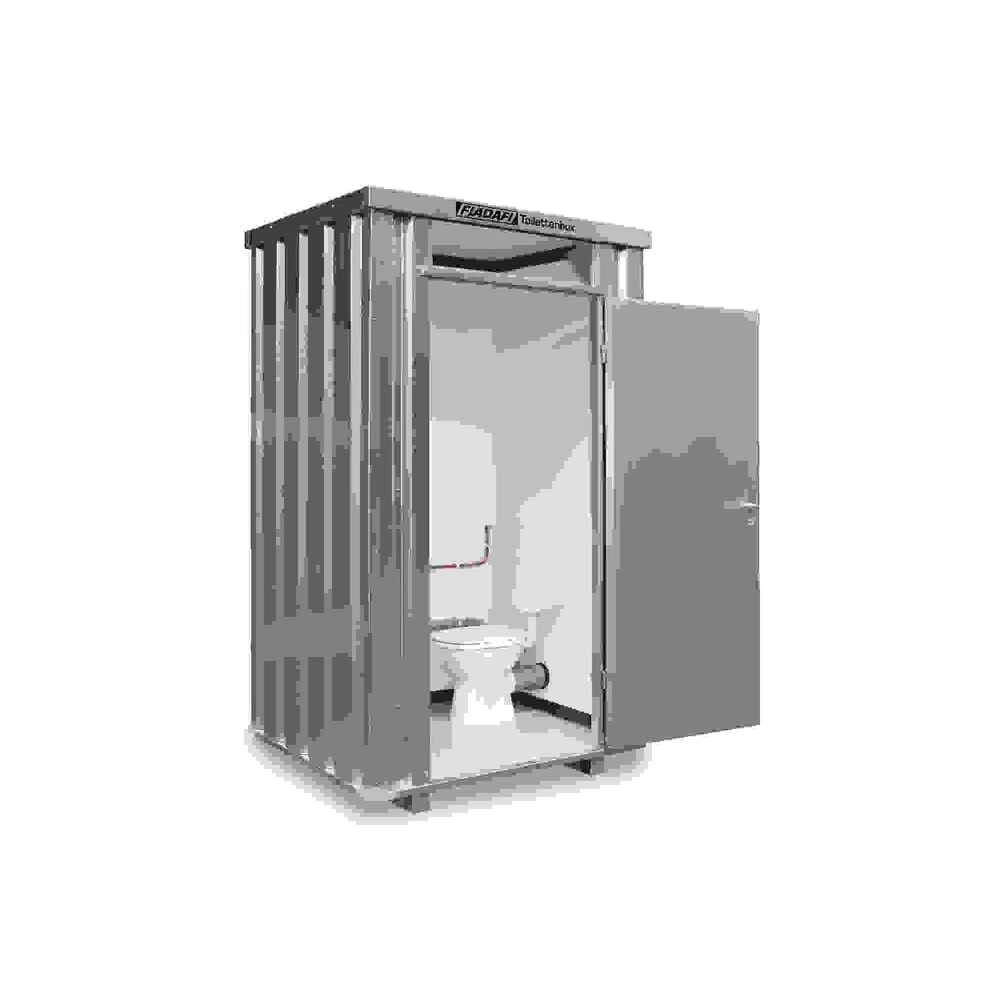 Produktabbildung: FLADAFI® Toilettenbox, verzinkt, montiert, mit Einrichtung, Einflügeltür, mittig in Breitseite