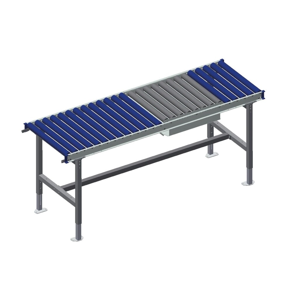 Rocholz Höhenverstellbarer Packtisch SYSTEM 2000, Rollenbahn, manuell, Waage, HxBxT 690–960 mm x 1955 mm x 640 mm Produktabbildung: Rocholz Höhenverstellbarer Packtisch SYSTEM 2000, Rollenbahn, manuell, Waage, HxBxT 690–960 mm x 1955 mm x 640 mm
