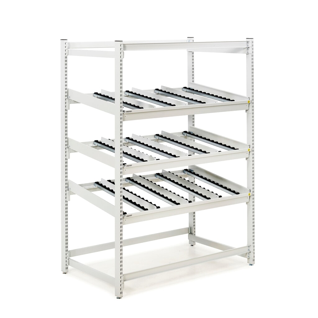 Produktabbildung: TRESTON FIFO-Regal, Fachlast 220 kg je Fachboden, ESD-Schutz, 3 Rollenebenen, HxBxT 1860 x 1385 x 805 mm