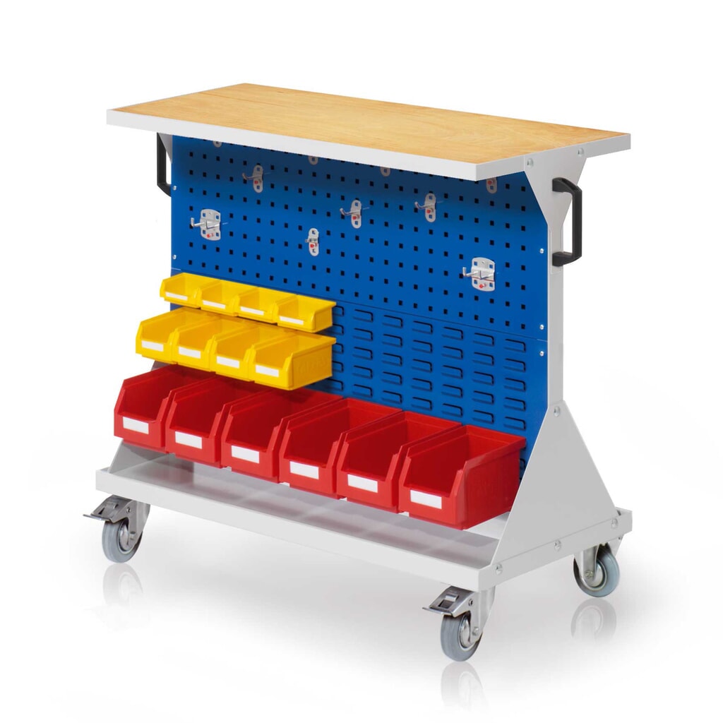 Kappes Rastermobil-Rollwagen, HxBxT 930 mm x 1000 mm x 500 mm, mit Auflageboden inkl. Multiplex-Werkbankplatte, lichtgrau/enzianblau Produktabbildung: Kappes Rastermobil-Rollwagen, HxBxT 930 mm x 1000 mm x 500 mm, mit Auflageboden inkl. Multiplex-Werkbankplatte, lichtgrau/enzianblau