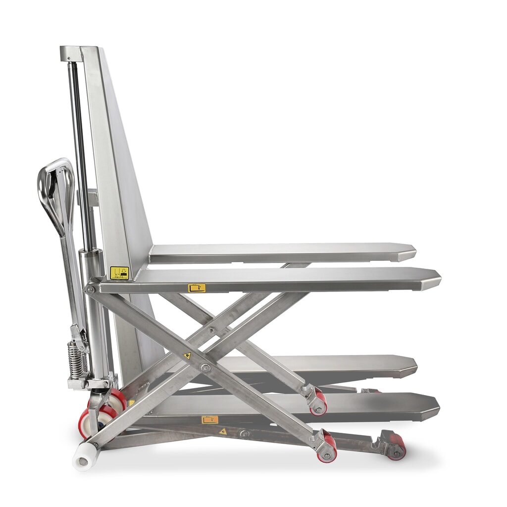 Produktabbildung: Edelstahl-Scherenhubwagen Ameise® PTM 1.0 Scissor INOX, Tragfähigkeit 1000 kg, Gabellänge 1200 mm, Nylon