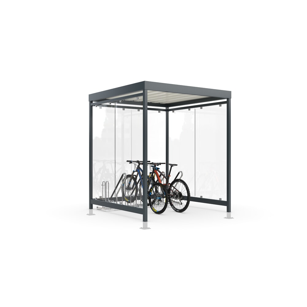 Produktabbildung: wsm® Fahrradüberdachung Economy Köln, ESG-Verglasung, Fahrradparksystem 4702 XBF, für 4 Fahrräder, HxBxT 2440 mm x 2165 mm x 2165 mm