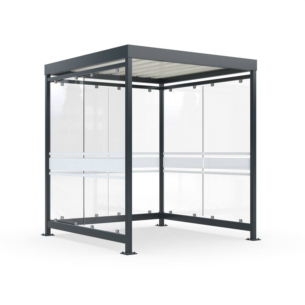 Produktabbildung: wsm® Raucherunterstand, fertig montiert, für 4-9 Personen, 6 Elemente, RAL 7016 anthrazitgrau - mit Glasdekor