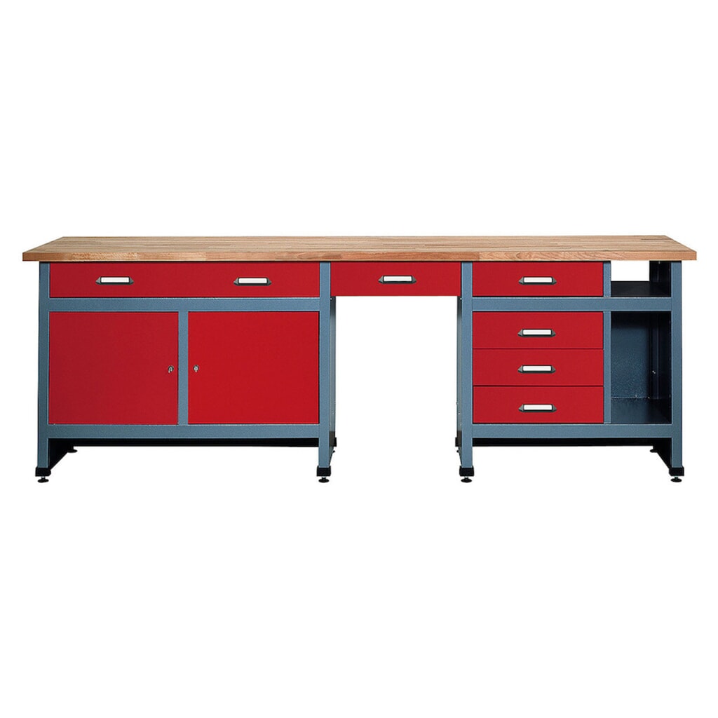 Werkbank mit Schubladenblock + 2 Türen + Sitzraum, BxT 2.400 x 600 mm, rot Produktabbildung: Werkbank mit Schubladenblock + 2 Türen + Sitzraum, BxT 2.400 x 600 mm, rot