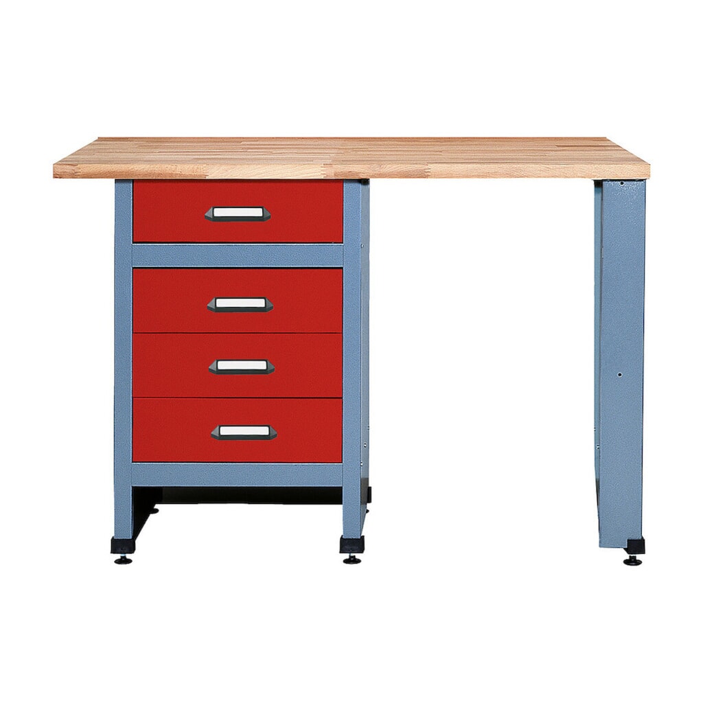 Produktabbildung: Werkbank mit 4 Schubladen + Sitzraum, BxT 1.200 x 600 mm, rot