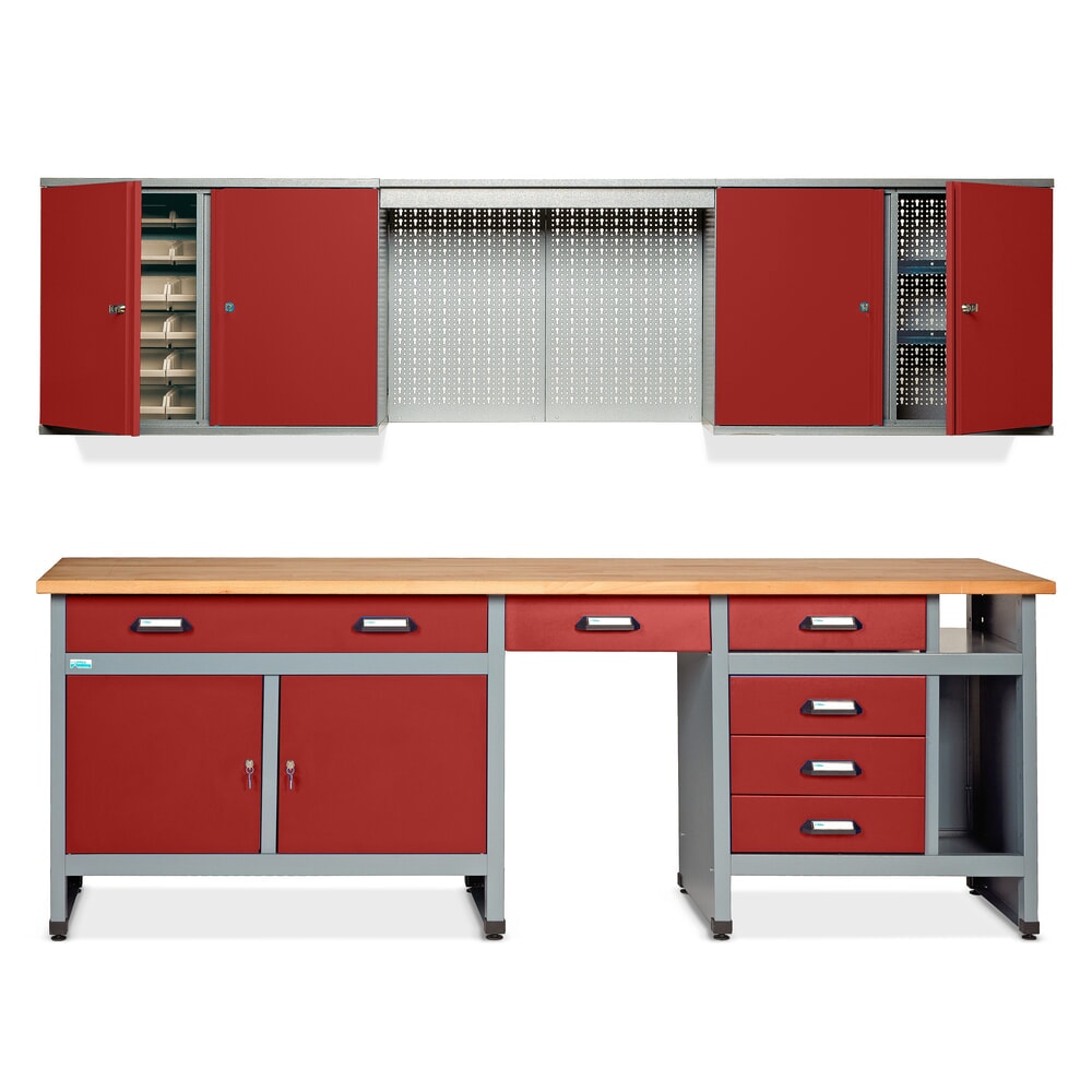 Produktabbildung: Werkstatt-Set Bern 2-teilig, Hängeschrank + Werkbank, Breite 2.400 mm, rot