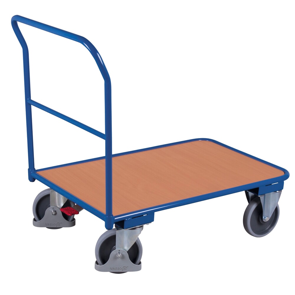 Produktabbildung Nr. 1: VARIOfit® Schiebebügel-Magazinwagen, Holzwerkstoff-Ladefläche, EasySTOP®-Bremssystem, HxBxT 990 mm x 950 mm x 500 mm, enzianblau