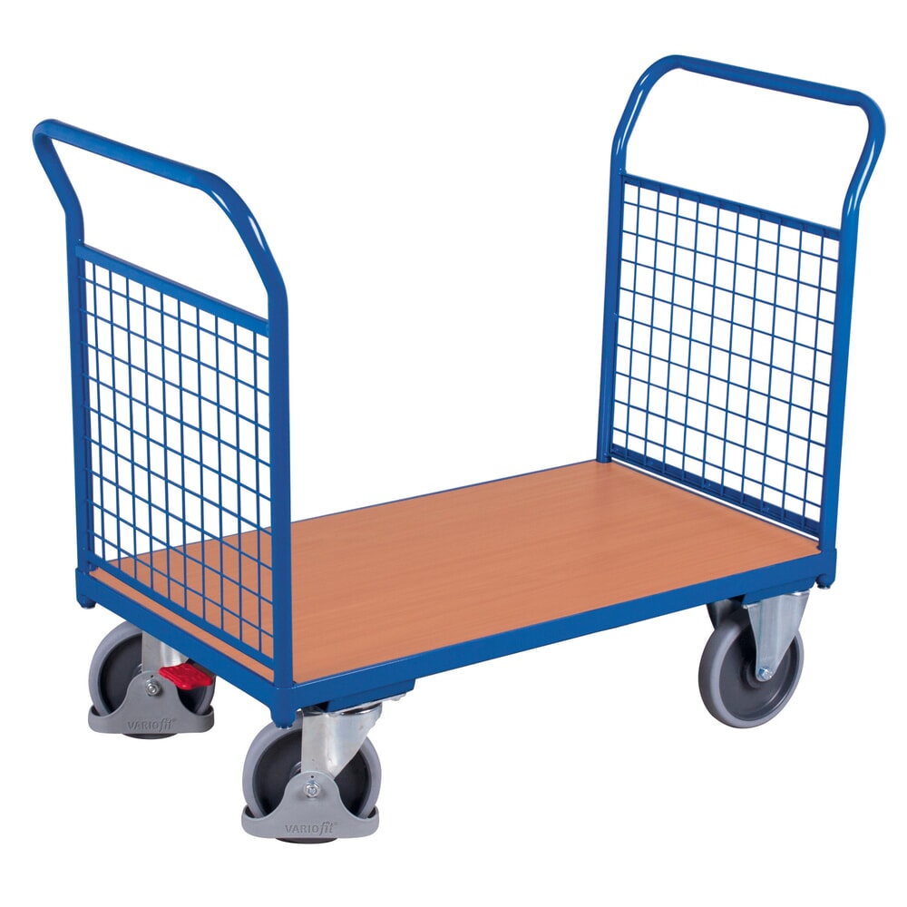 Produktabbildung: VARIOfit® Doppelstirnwandwagen, Gitterwand, Holzwerkstoff-Ladefläche, HxBxT 975 mm x 1040 mm x 500 mm, Tragfähigkeit 400 kg, enzianblau
