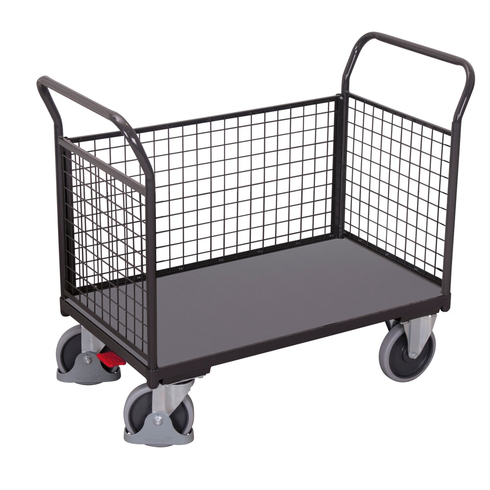 Produktabbildung: VARIOfit® Dreiwand-Gitterwagen, Holzwerkstoff-Ladefläche, EasySTOP®-Bremssystem, Ladefläche BxT 850 mm x 475 mm, anthrazitgrau