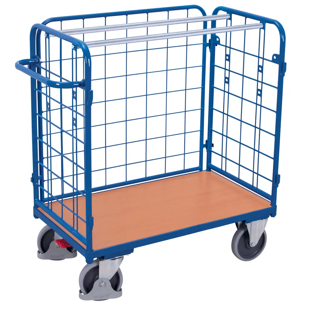 Produktabbildung: VARIOfit® 3-seitiger Rollbehälter, 3 Gitterwände, EasySTOP®-Bremssystem, HxBxT 1180 mm x 1040 mm x 525 mm, enzianblau