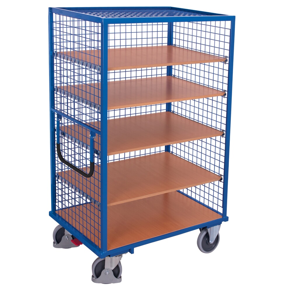 Produktabbildung: VARIOfit® Etagenwagen, verschweißte Stahlrohr-Konstruktion, Drahtgitterwände, 4 Etagenböden, HxBxT 1810 mm x 1115 mm x 730 mm, enzianblau