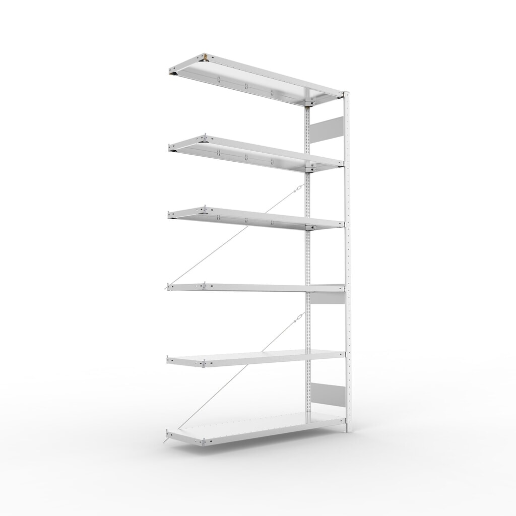 META Fachbodenregal CLIP S3 Anbaufeld, Fachlast 150 kg, zerlegter Rahmen, 6 Fachböden, verzinkt, HxBxT 2500 mm x 1300 mm x 400 mm Produktabbildung: META Fachbodenregal CLIP S3 Anbaufeld, Fachlast 150 kg, zerlegter Rahmen, 6 Fachböden, verzinkt, HxBxT 2500 mm x 1300 mm x 400 mm