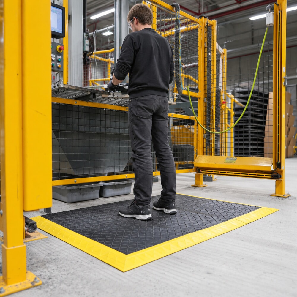 Produktabbildung: REBOURNE® Anti-Ermüdungsmatte H1, hochbelastbar, Arbeitsplatz-Set mit 4 Randleisten, BxL 1120 mm x 1120 mm