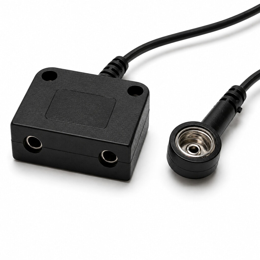 Produktabbildung: Erdungspunkt mit 2 Anschlüssen für REBOURNE® ESD-Tischauflagen, Steckanschluss
