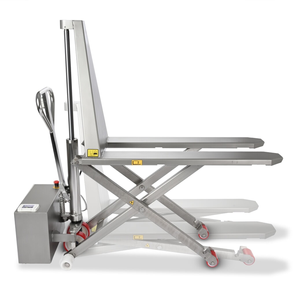 Produktabbildung: Edelstahl-Scherenhubwagen Ameise® PTM 1.0 Scissor INOX, Tragfähigkeit 1000 kg, elektrohydraulisch, Gabellänge 1200 mm, Nylon