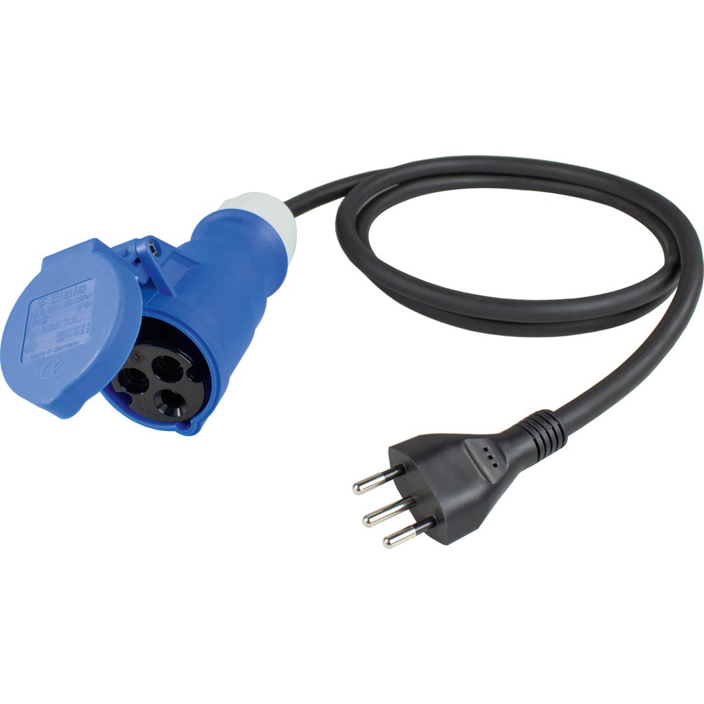 Produktabbildung: Adapterleitung 1,5m, schwarz "CH", 1. Seite: Stecker SEV Typ 12 IP44, 2. Seite: CEE-Kupplung 230V/16A/3polig mit Klappdeckel, blau
