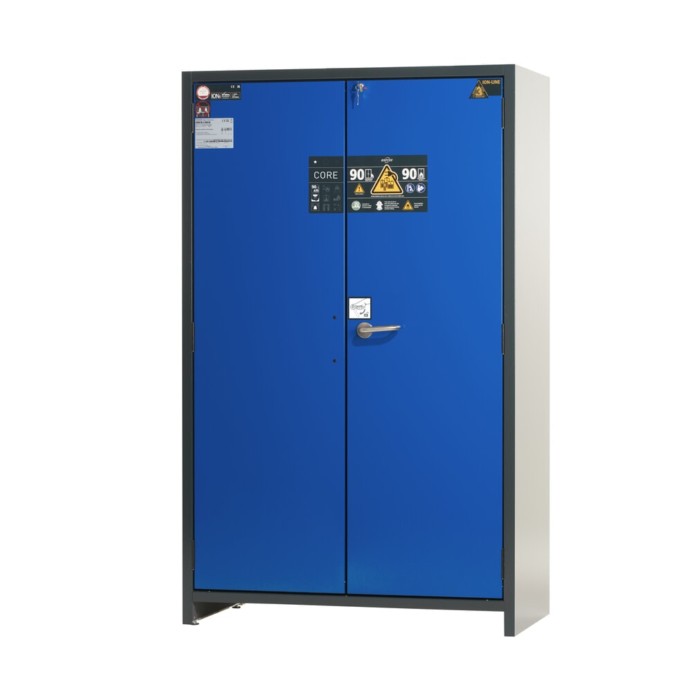 Produktabbildung Nr. 1: asecos® Akku-Sicherheitsschrank Typ 90 für Lithium-Ionen-Batterien ION-CORE-STORE, HxBxT 1.953 x 1.193 x 615 mm, 3x gelochte Fachböden, 1x Bodenauffangwanne