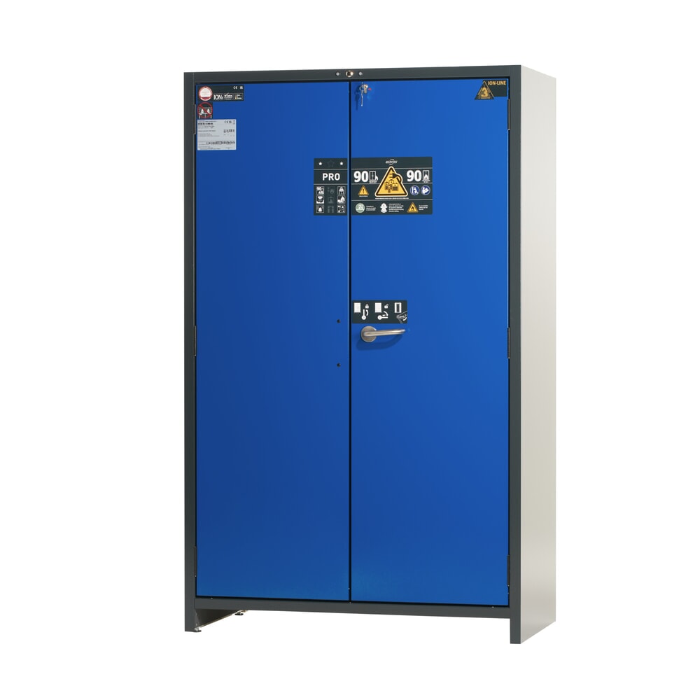 asecos® Akku-Sicherheitsschrank Typ 90 für Lithium-Ionen-Batterien ION-PRO-STORE, HxBxT 1.953 x 1.193 x 615 mm, 3x gelochte Fachböden, 1x Bodenauffangwanne Produktabbildung: asecos® Akku-Sicherheitsschrank Typ 90 für Lithium-Ionen-Batterien ION-PRO-STORE, HxBxT 1.953 x 1.193 x 615 mm, 3x gelochte Fachböden, 1x Bodenauffangwanne