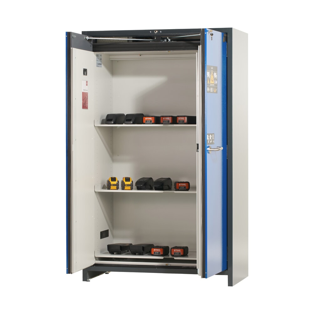 Produktabbildung Nr. 5: asecos® Akku-Sicherheitsschrank Typ 90 für Lithium-Ionen-Batterien ION-PRO-STORE, HxBxT 1.953 x 1.193 x 615 mm, 3x gelochte Fachböden, 1x Bodenauffangwanne