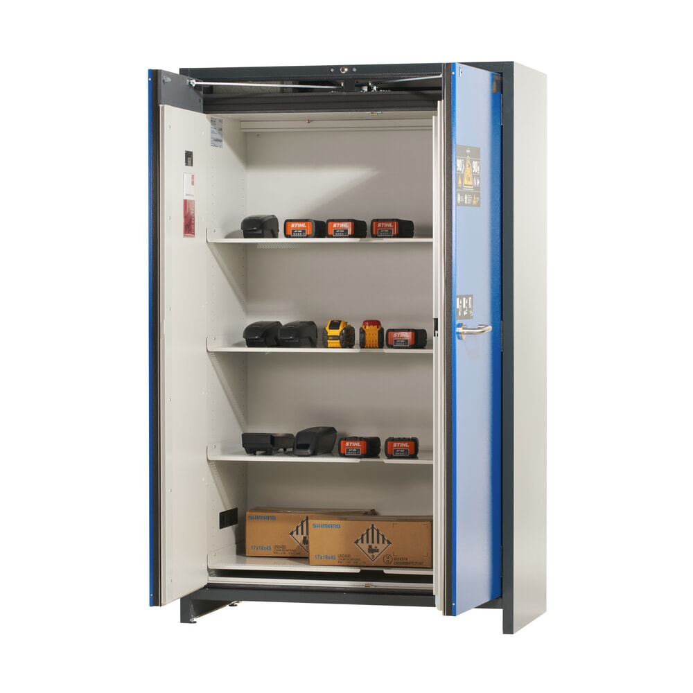 Produktabbildung Nr. 6: asecos® Akku-Sicherheitsschrank Typ 90 für Lithium-Ionen-Batterien ION-PRO-STORE, HxBxT 1.953 x 1.193 x 615 mm, 4x gelochte Fachböden, 1x Bodenauffangwanne