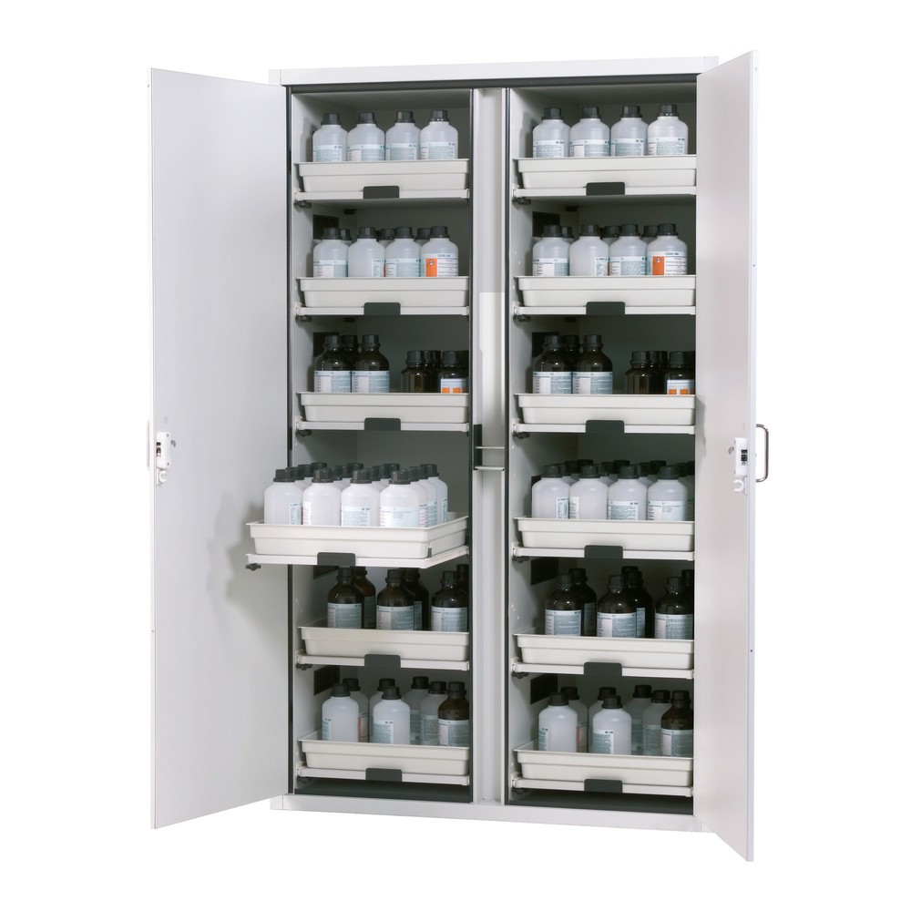 Illustration du produit: asecos® armoire à acides et produits chimiques CLASSIC, HxlxP 1 965 x 1 197 x 603 mm, 12 étagères coulissantes avec bac en PP, gris clair