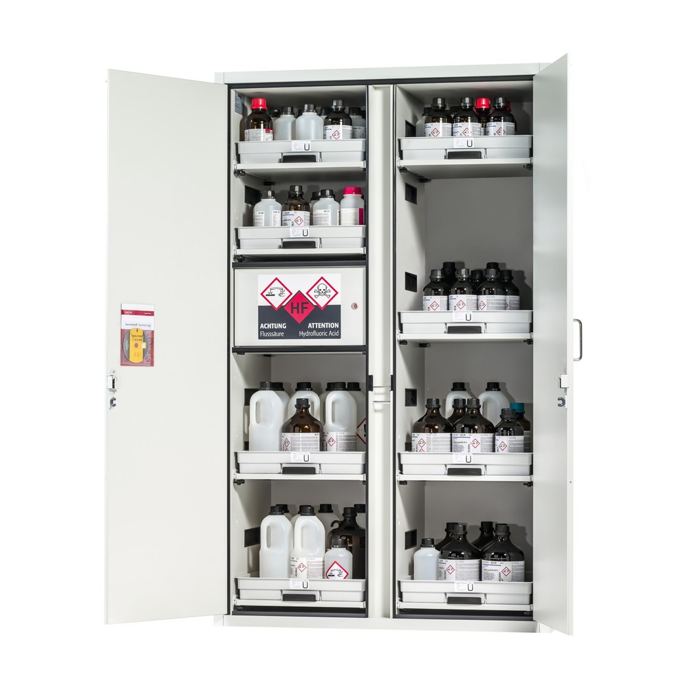 Illustration du produit: asecos® armoire à acides et produits chimiques CLASSIC, HxlxP 1 965 x 1 197 x 603 mm, 8 étagères coulissantes avec bac en PP, 1 compartiment intégré avec bac en polyéthylène (PE), gris clair